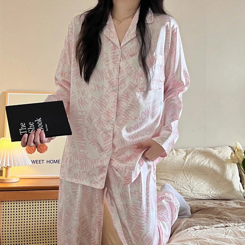 Conjunto japonês de pijama de manga comprida para mulheres, pijamas com decote em v, loungewear fino de seda, pijama de dormitório, alta qualidade, primavera e outono