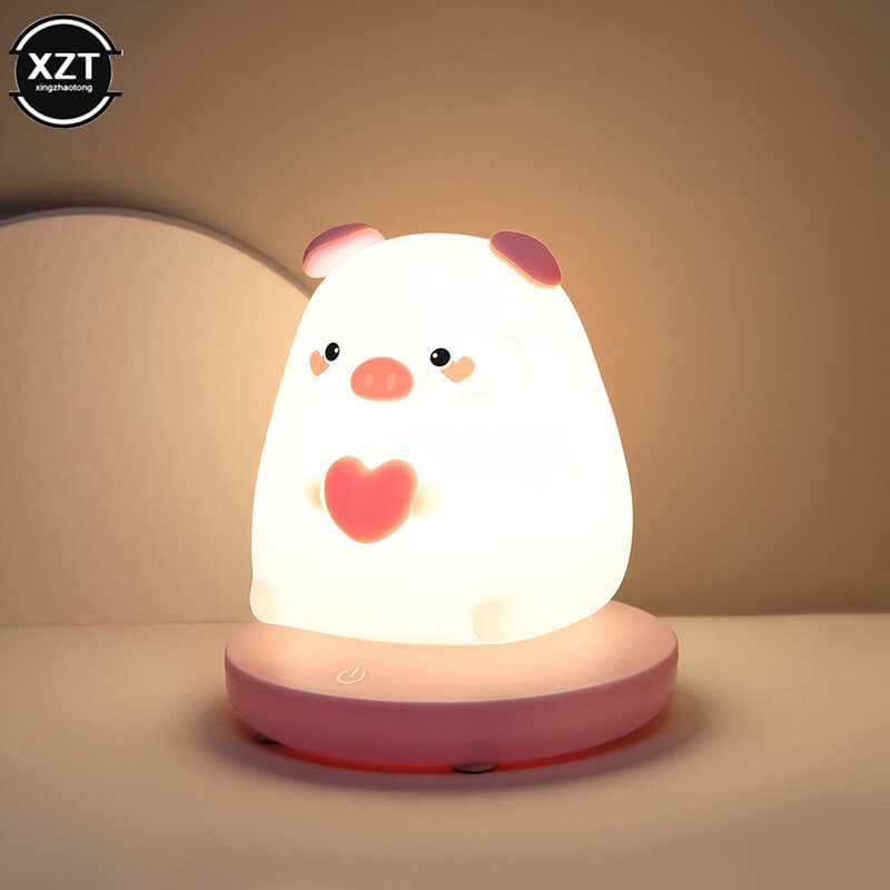 Lampka nocna do sypialni dla dzieci słodkie zwierzaki świnia królik LED silikonowy lampa akumulatorowa dotykowy czujnik ściemniania dzieci prezenty świąteczne