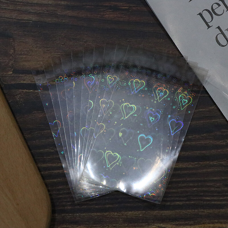 Tas penyimpanan transparan Laser pola cinta, 11.4*6.5CM tas paket berperekat kecil penutup pelindung kartu koleksi penyimpanan foto