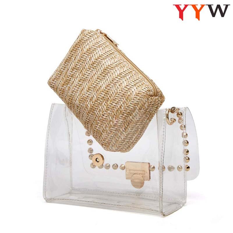Plastic Jelly Bag With Straw Purse Wallets Soft Surface Daybag Crossbody Bag With Chain Transparent Handbags With Rivet Clutch