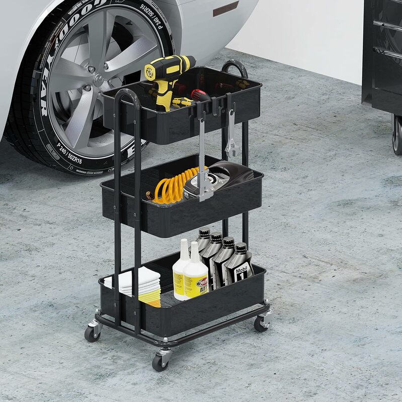 Metal Utilitário Rolling Cart, Heavy Duty, Preto, 3-Tier