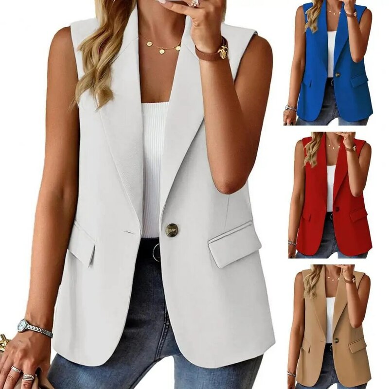 V-neck Waistcoat Elegant Women's Sleeveless Waistcoat with Lapel Collar Flap Pockets Solid Color Single Button Vest for Spring