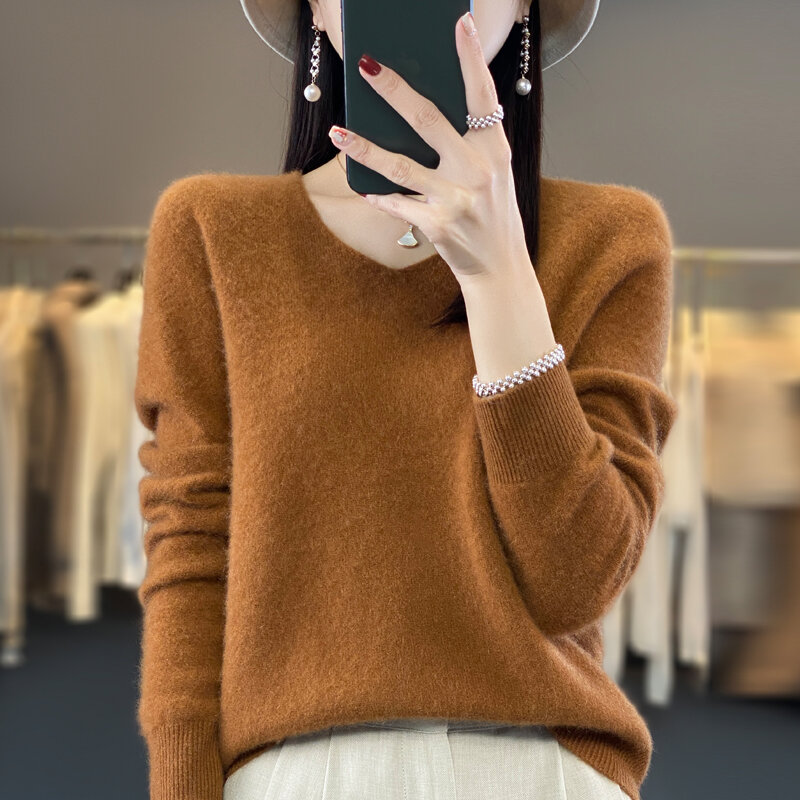 2023 кашемировый свитер, Женский вязаный свитер из 100% чистой мериносовой шерсти, зимний модный базовый шикарный топ с V-образным вырезом, осенний теплый пуловер