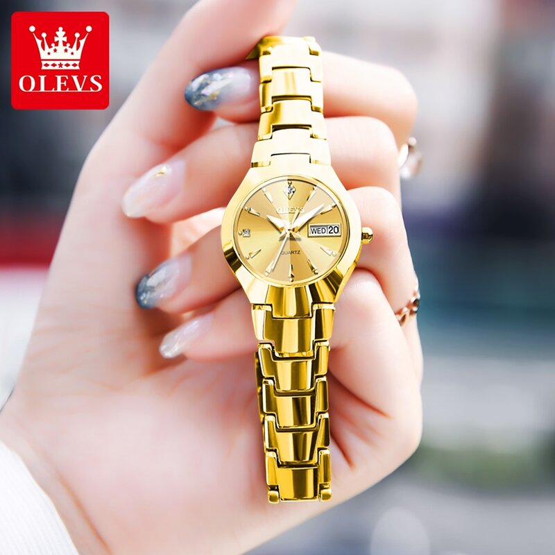 OLEVS jam tangan bercahaya wanita, arloji gelang baja Tungsten Quartz tahan air tanggal pekan