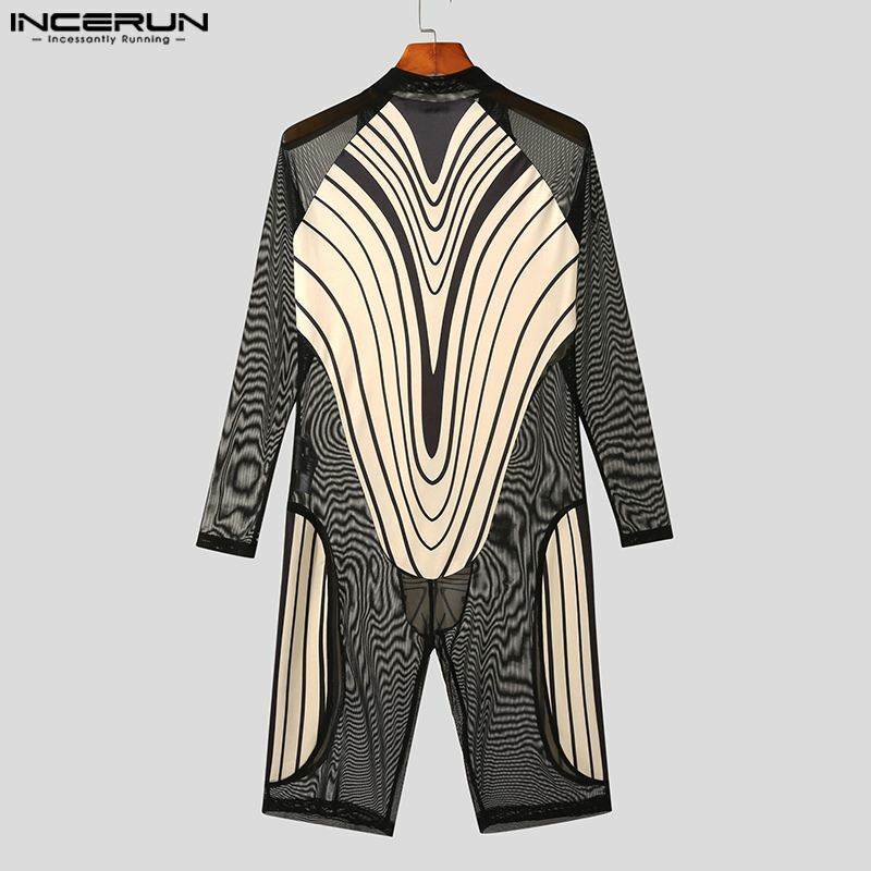 INCERUN American Style Men Homewear Jumpsuit Abstract Printed See-through Mesh Stitching Long Sleeved Flat Angle Bodysuits S-5XL