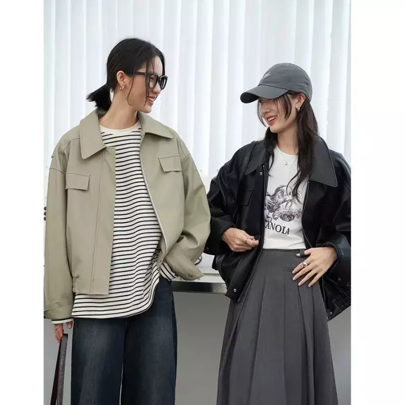 Vintage kurze Lederjacke Frauen koreanische Mode y2k Streetwear Renn jacken Pu Reiß verschluss übergroße Harajuku Ästhetik