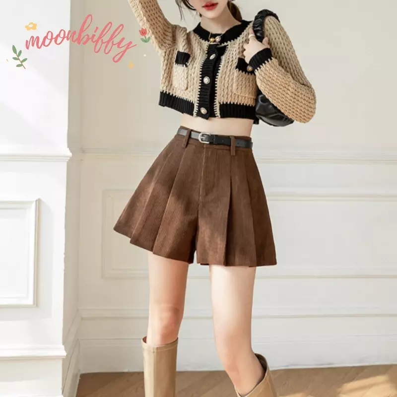 Jesienno-zimowa sztruksowa plisowana szorty damskie z paskiem i wysokim stanem klasyczna krótkie spodnie damska