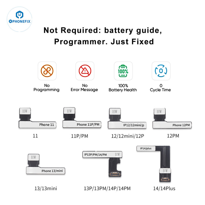 Etiqueta batería preprogramada cable flexible Reparación externa FPC para iPhone 11-14 Calibración datos estado batería sin programación Mensaje error batería emergente Capacidad predeterminada 100% Reparación 0 ciclos