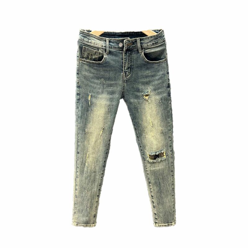 Fashion 2024 New Arrival Korean Men's Vintage Blue Casual Slim Denim Pants for Spring Autumn Skinny Ripped Jeans Men Clothing