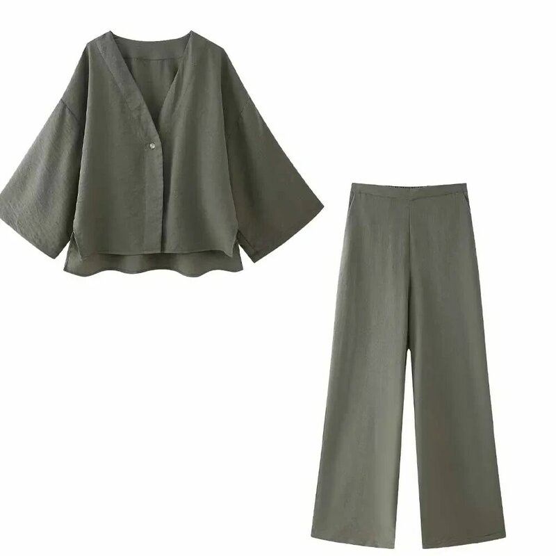Camisa de quimono curto misturado de linho feminino e calças de perna larga, conjunto de moda feminina, 2 peças, 2024