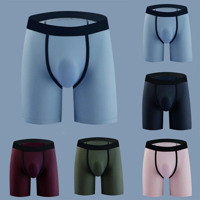 Mens Long Ice Silk Underwear Plus Size Breathable Boxer Brief Panties Gym Sport Solid Comfort Lingerie Soft Casual Boxershorts
