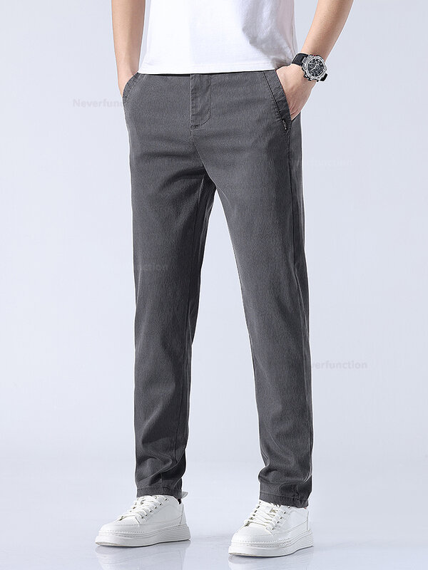 Men's Ultra-thin Pants Classic Summer New Lyocell Soft Straight Slim Stretch Fashion Male Brand Clothing Trousers Black Gray