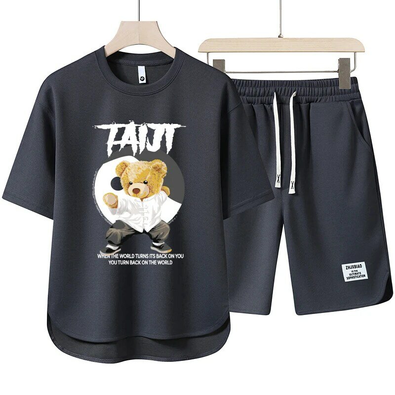 Sommer Herren schwarz Set Waffel gedruckt Cartoon gedruckt T-Shirt Shorts 2 Stück Set modische Herren bekleidung Outdoor-Sporta nzug
