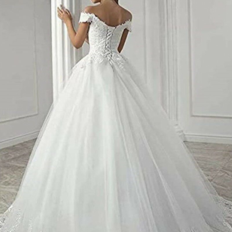 Biała koronka w kolorze kości słoniowej suknia balowa z aplikacjami tanie Off The Shoulder krótkie rękawy suknia ślubna suknie ślubne