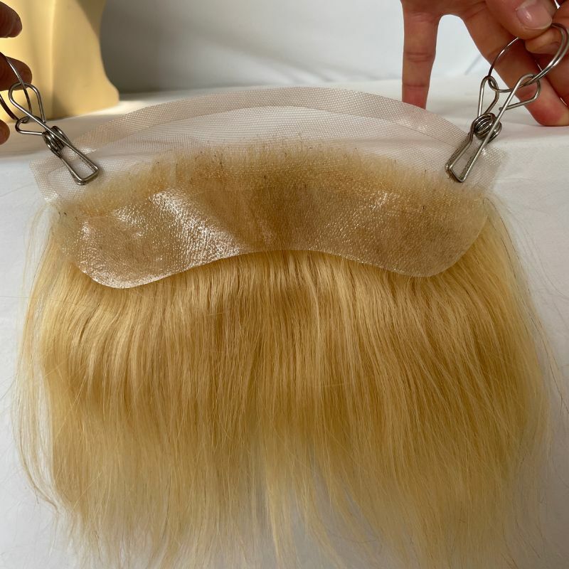 Rambut palsu pria renda depan transparan HD, garis rambut palsu renda Prancis untuk memperbaiki garis rambut alami pirang 613