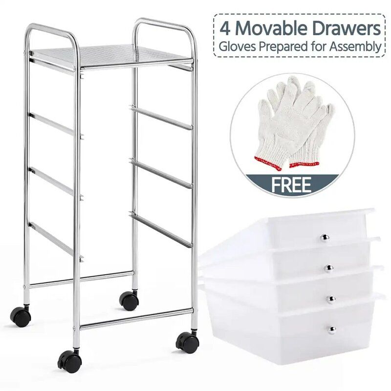 Easyfashion Rolling Storage Trolley Cart with 4 Plastic Drawers on Wheels, White