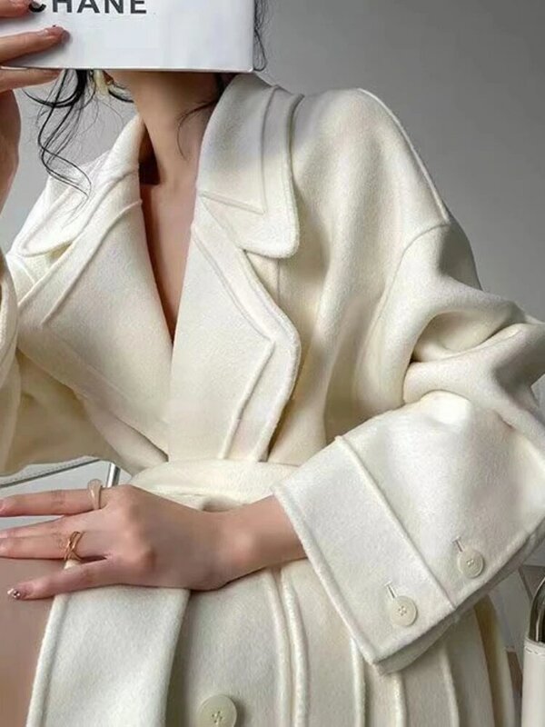 Mantel wol elegan wanita, pakaian luar hangat Vintage longgar Solid Chic musim gugur musim dingin