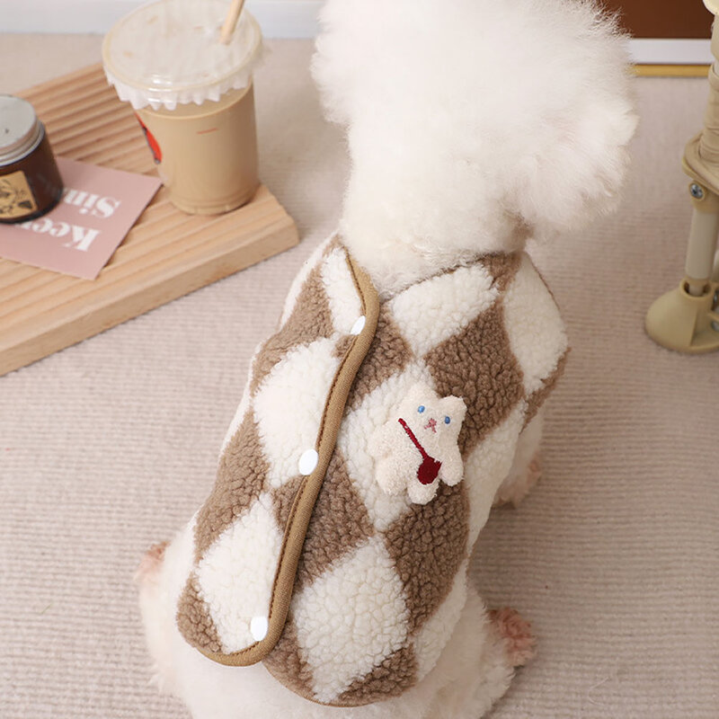 Pakaian anak anjing bulu kotak-kotak mode mantel Jack pakaian anjing rompi beruang pakaian anjing kostum hewan peliharaan Musim Dingin imut