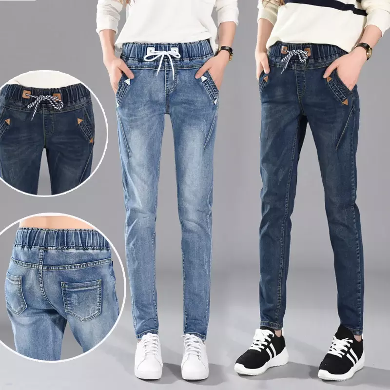 200 funtów Plus rozmiar 5XL kobiety zimowe spodnie jeansowe Harlan wypoczynek spodnie z elastycznym pasem gruba odzież dla dziewczynek z aksamitnymi spodniami MZ1891