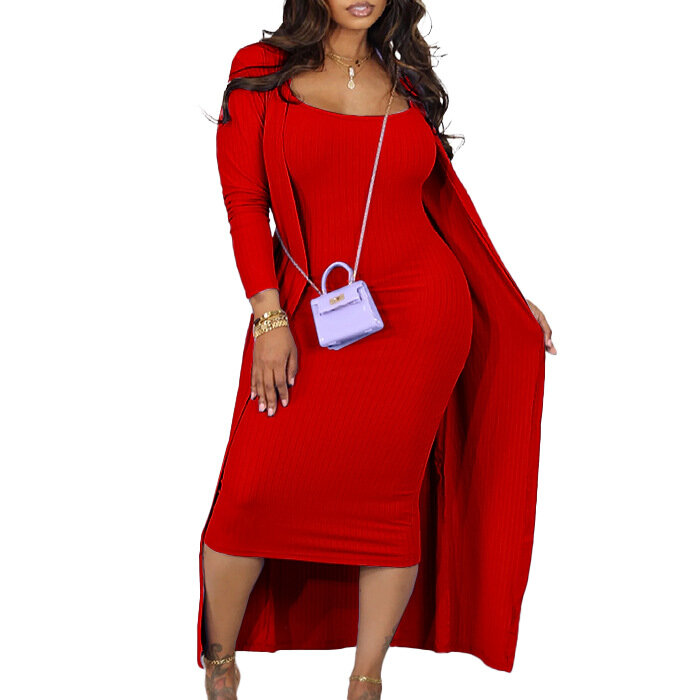 가을 슬립 원피스 및 코트 투피스 세트, 여성 의상, 우아한 캐주얼 단색, 긴팔 드레스 세트, 2024 패션