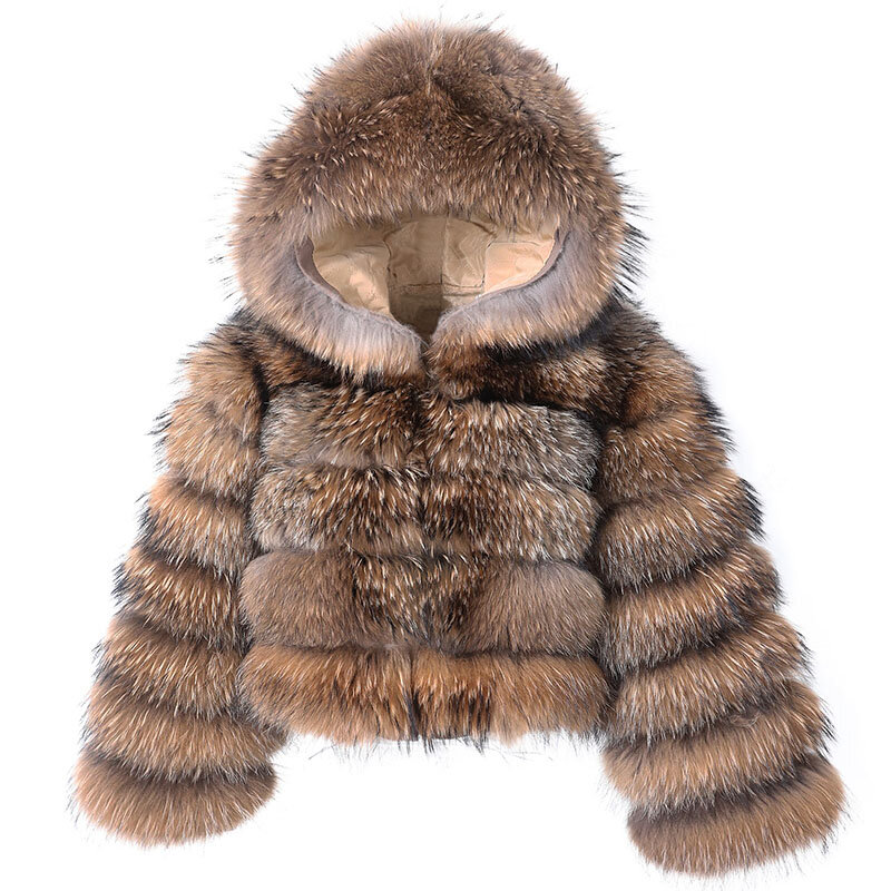 Maomaokong-女性のための帽子付きの天然の本物のアライグマの毛皮のコート,高級革のジャケット,冬の服,2024