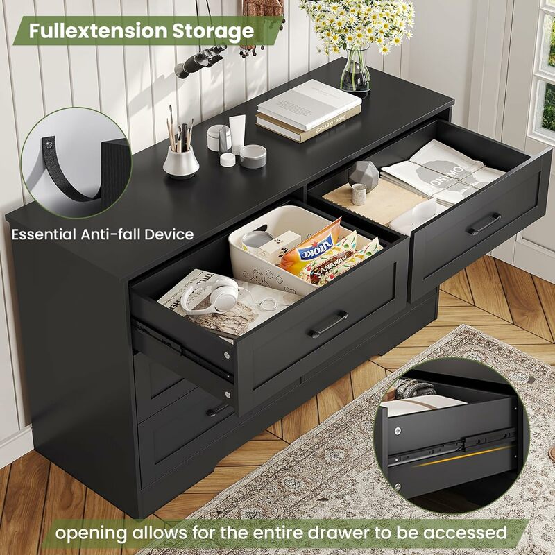 6 Drawers Double Dresser, Wooden Chest of Drawers, Modern Large Capacity Storage Cabinet with Deep Drawers, Black Dresser