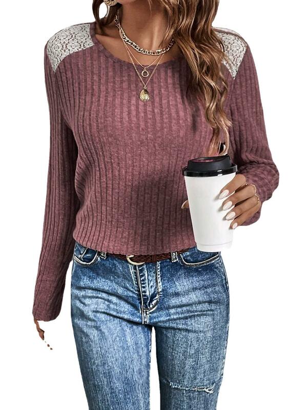Moda jesienna damska z długimi rękawami luźna koszulka w paski matowy sweter topy z okrągłym dekoltem w jednolitym kolorze dla kobiet