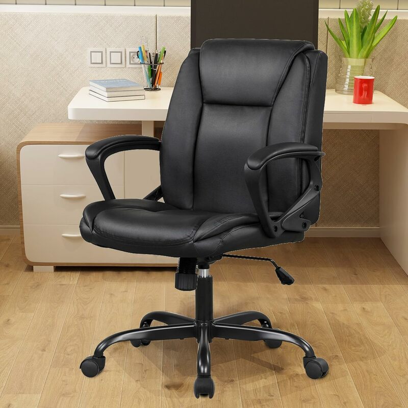 Silla de trabajo de cuero PU para el hogar, silla de escritorio ergonómica con soporte Lumbar y reposabrazos, características ajustables con respaldo medio