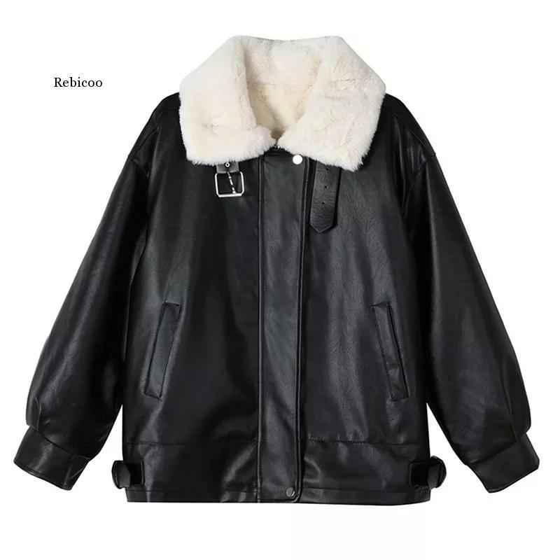 Winter Warm Artificial Leather Jacket Women's Casual Loose Motorcycle Jacket Women's Street Style Large Coat Korean Fashion Coat