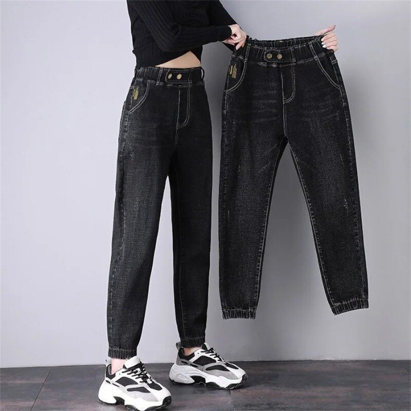 Calça jeans folgada feminina coreana reta de cintura alta na cintura, calça jeans casual, jogger, primavera, outono, nova