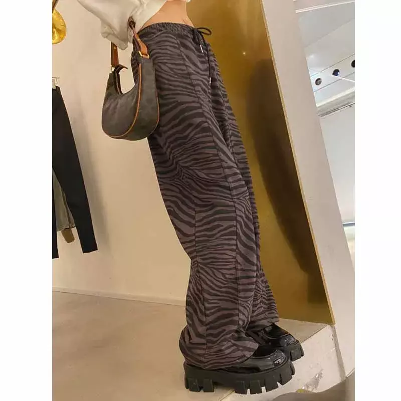 Celana panjang lurus wanita, celana panjang pinggang tinggi elastis ukuran besar Harajuku Korea kaki lebar, CELANA JOGGER cetakan Zebra wanita