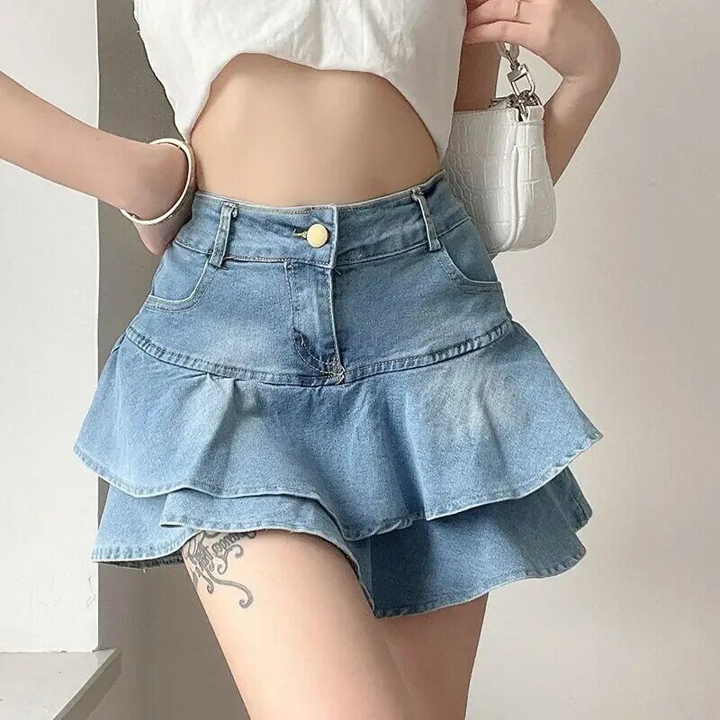 Vintage Denim Skirt Shorts Women Summer Korean Fashion High Waist A-line Slim Cute Sexy Mini Jean Ruffle Skirt Female