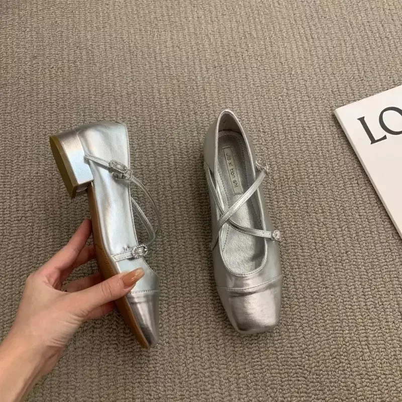 Sapatos Mary Jane com dedo quadrado de prata para mulheres, salto robusto, solteiro, sapatos femininos, fivela de cinto, primavera, novo, 2024