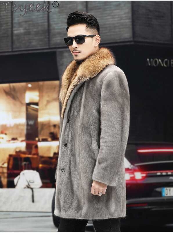 Tcyeek High-end Winter Whole Mink Fur Jackets Fashion Mid-length Mens Real Fur Coats Warm Natural Mink Fur Jacket Men Clothing