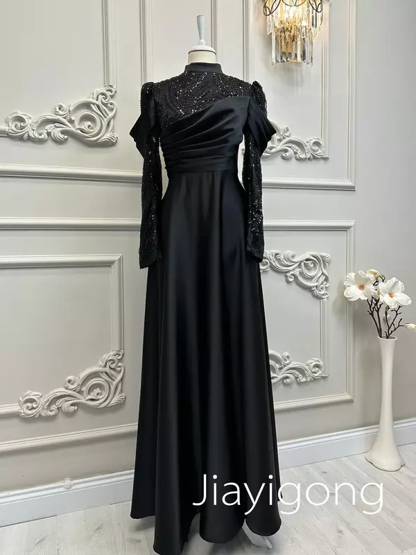 Yipeisha-Beading cetim vestido de noite personalizado, gola alta, A-line, retro, elegante