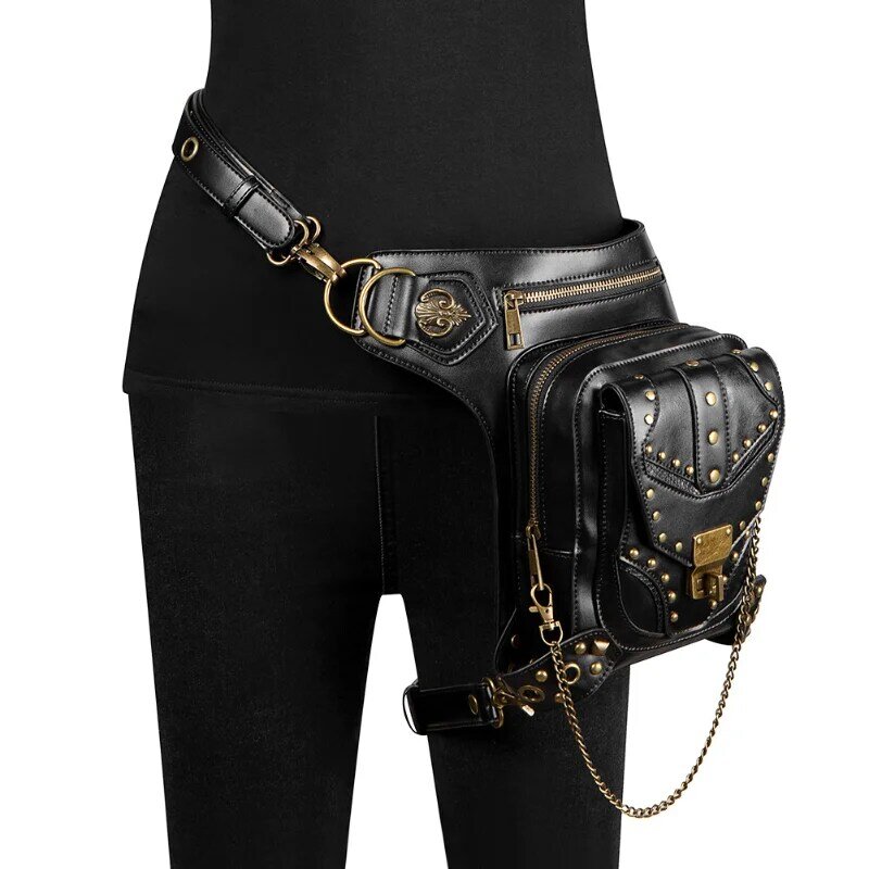 Chikage Steampunk Rivet Motorcycle Bag Women's One Shoulder Crossbody Bag Women's Chain Fanny Pack Vintage Style Waist Pack