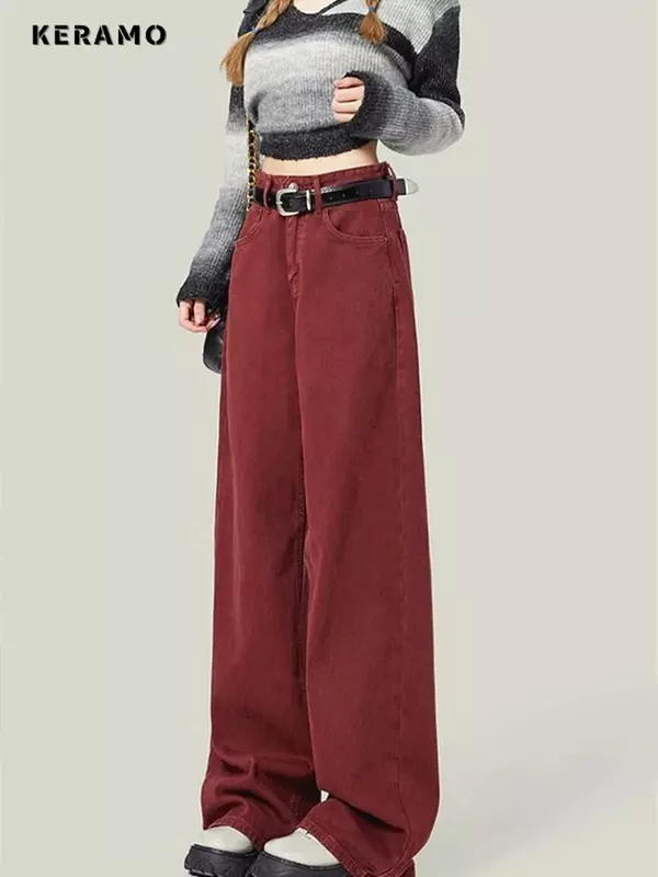 Celana panjang Denim gaya jalanan wanita, celana panjang Denim lurus longgar pinggang tinggi Amerika Vintage Jeans merah kaki lebar