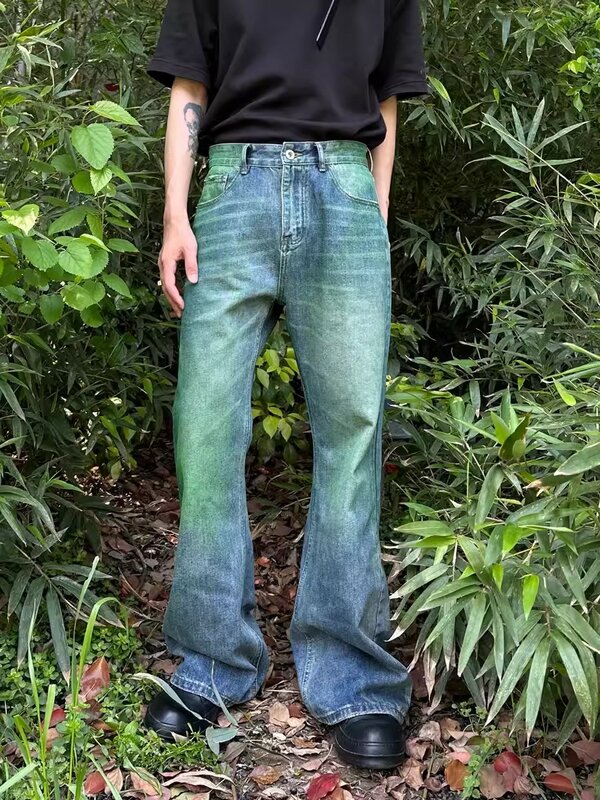 REDDACHIC Retro Green Wash Flare Jeans per uomo Clean Fit baffi Distressed Relaxed Bootcut Denim Pants Y2K Harajuku Streetwear