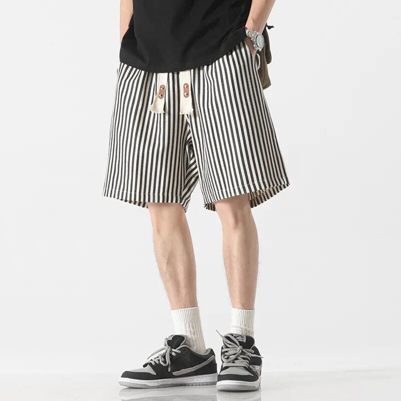 Мужские прямые шорты в полоску, повседневные свободные шорты в стиле ретро, в стиле хип-хоп, в японском стиле, лето 2023