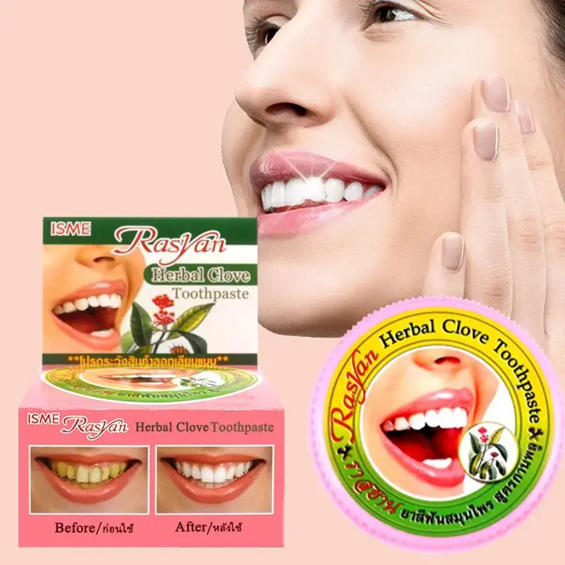 Tailândia Natural Creme dental Herbal, Clareamento dental, Remover mancha, antibacteriano, alérgico, Cravo Tailândia