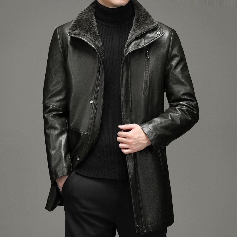 Haining Leather Men's leather jacket autumn and winter medium length  leather windbreaker warm fur one-piece coat
