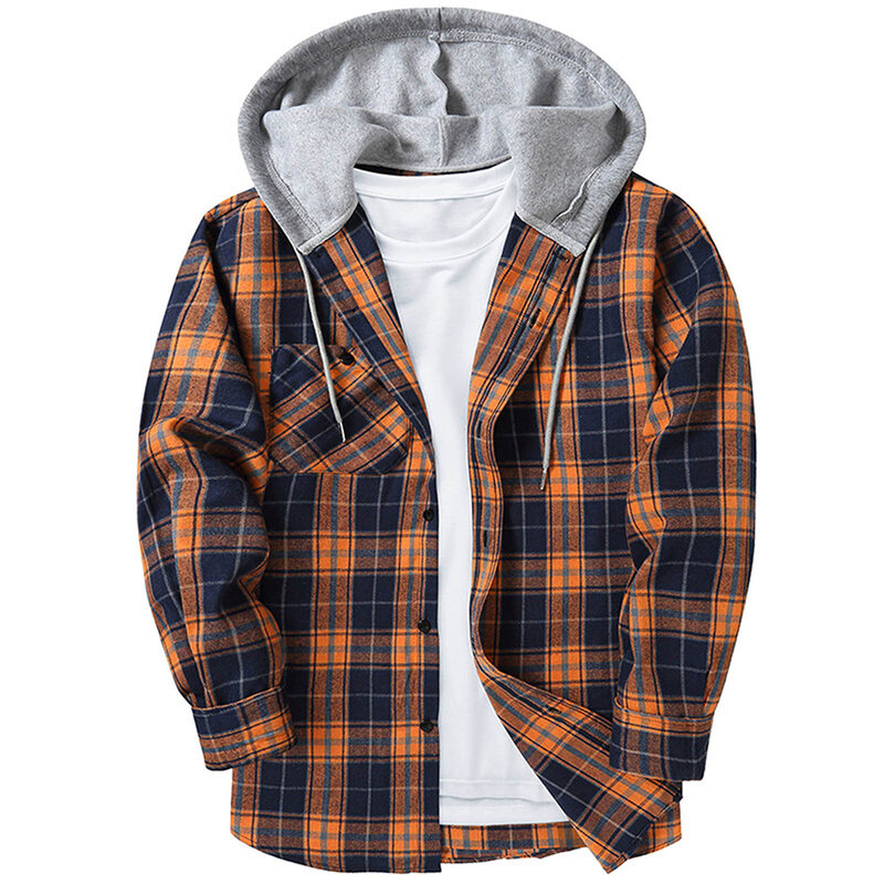 Men Plaid Long Sleeve Hooded Shirts Button Work Drawstring Casual Tops Cardigan Button Down Work Coat Male Tops Hoodie