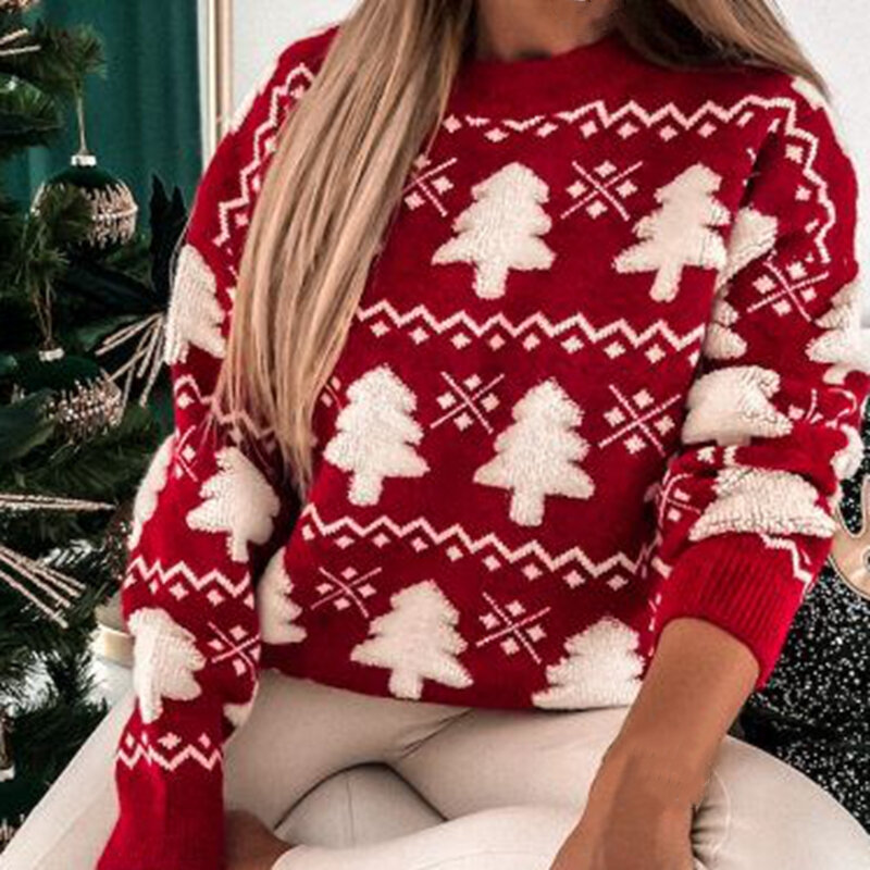 Sweater natal wanita baru jumper motif Pohon Santa 3D rajutan tebal hangat lengan penuh leher O tampilan Natal Pullover Atasan Wanita