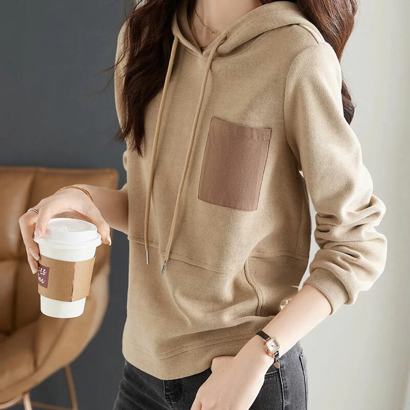 Female Clothing Autumn Winter Pullovers Hooded Sweatshirts Long Sleeve Loose Fashion Casual Korean Solid Color Pockets Commute