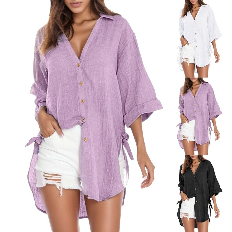Casual Long Sleeve Loose Shirts Women Fashion Cotton Linen Blouses Tops Vintage Streetwear Oversized Summer Button Tunic Top Tee
