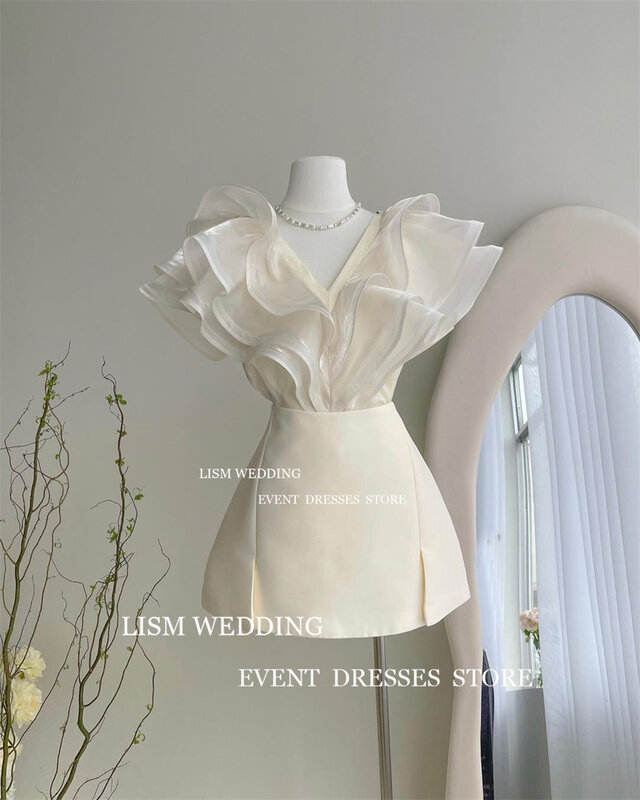 Lism-短い背中の開いたウェディングドレス,ミニブライダルガウン,フリル付き,半袖,カクテルパーティー,黒と白,2024