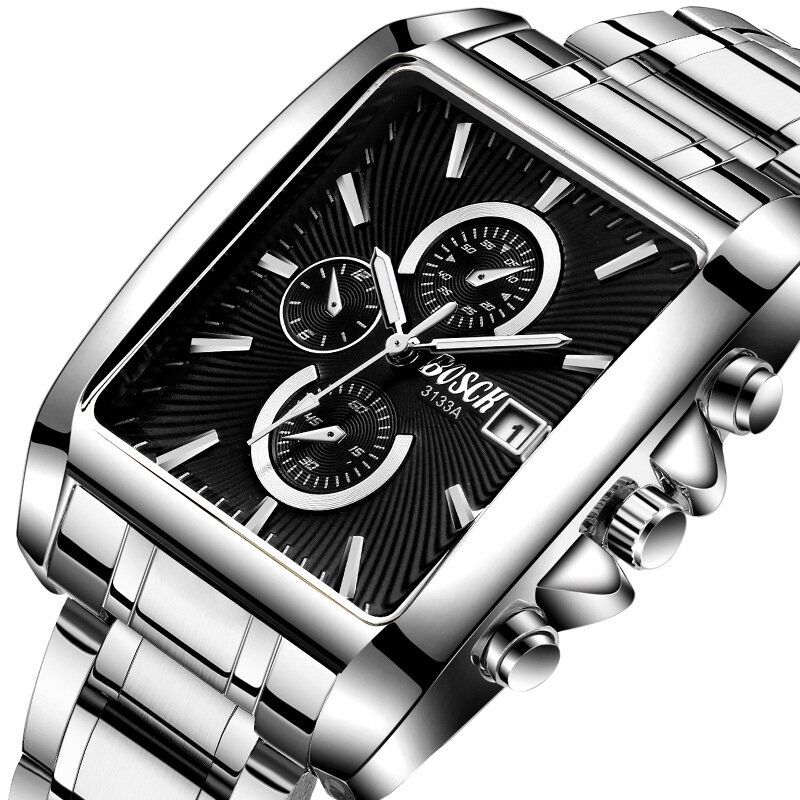 Reloj de pulsera rectangular de acero inoxidable para hombre, cronógrafo informal de negocios, deportivo, resistente al agua, esfera grande