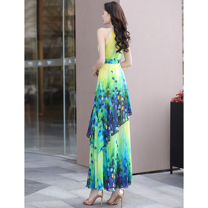 Elegant V-Neck Printed Spliced Ruffles Chiffon Slip Dress Women's Clothing 2024 Summer New Loose Office Lady Floral Dress