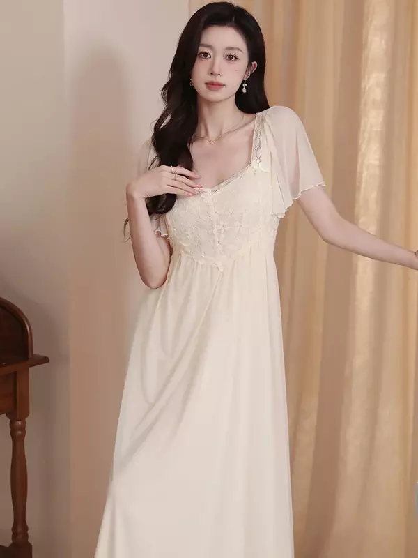 Damska koronkowa siatkowa wróżka słodka sukienka wieczorowa francuskie letnie falbany z krótkim rękawem seksowne Vintage księżniczka koszule nocne wiktoriańska bielizna nocna