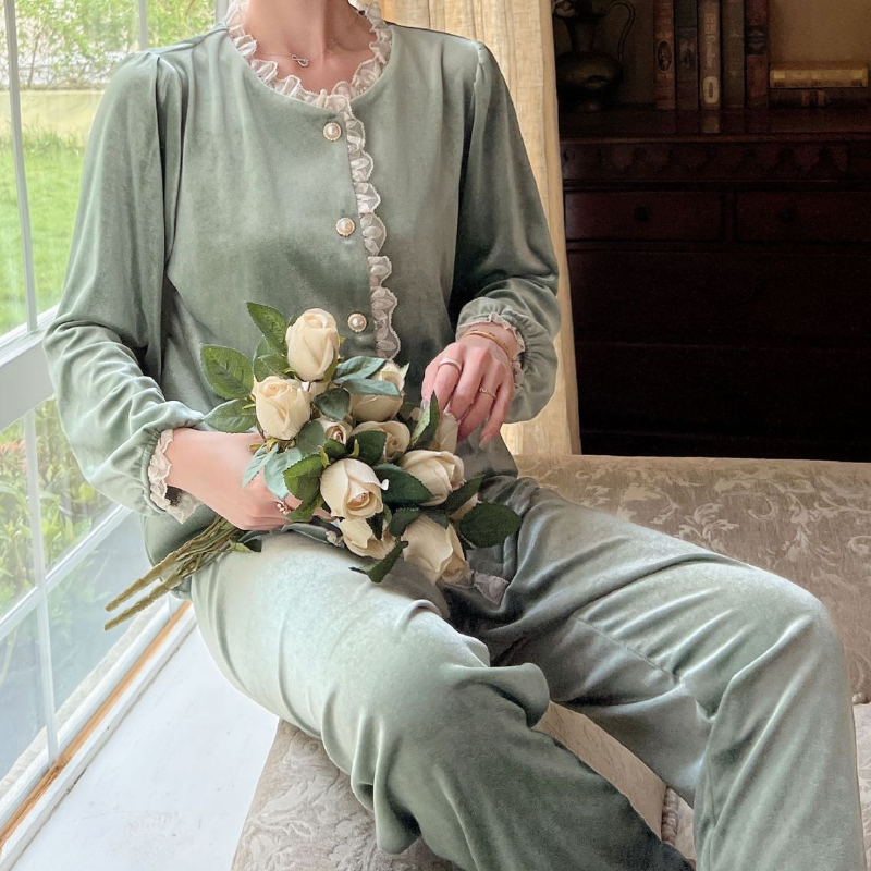 Осенняя велюровая Пижама для женщин домашняя одежда ночное белье кружевная ночная рубашка в стиле пэчворк с пуговицами и круглым вырезом домашняя одежда